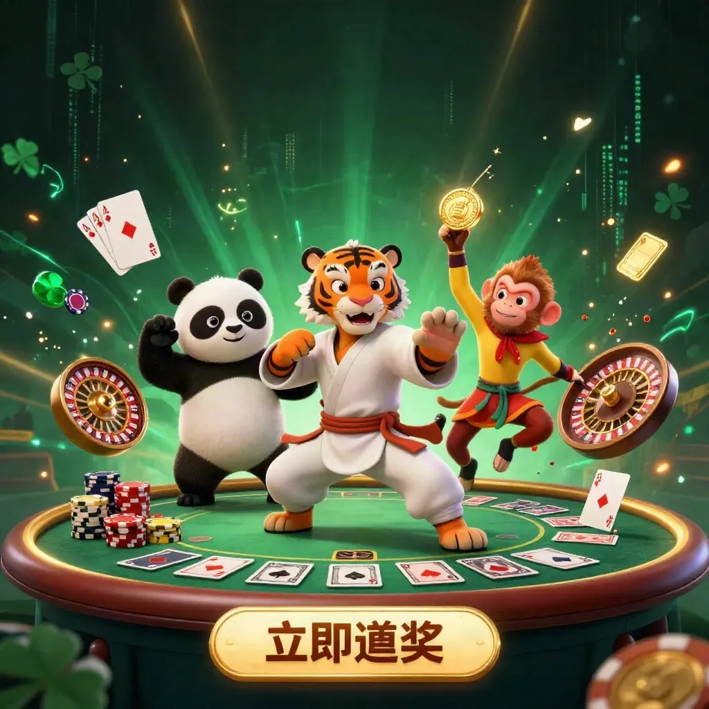 Tiger master, panda disciple, and monkey student amid casino props and gold light.