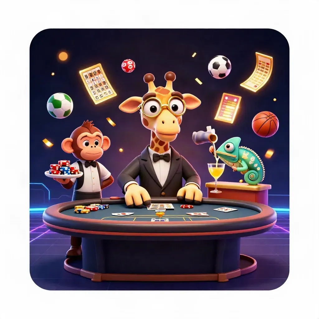 Low-angle casino key art with giraffe, monkey, chameleon, flying balls, gold sparks, and sports props