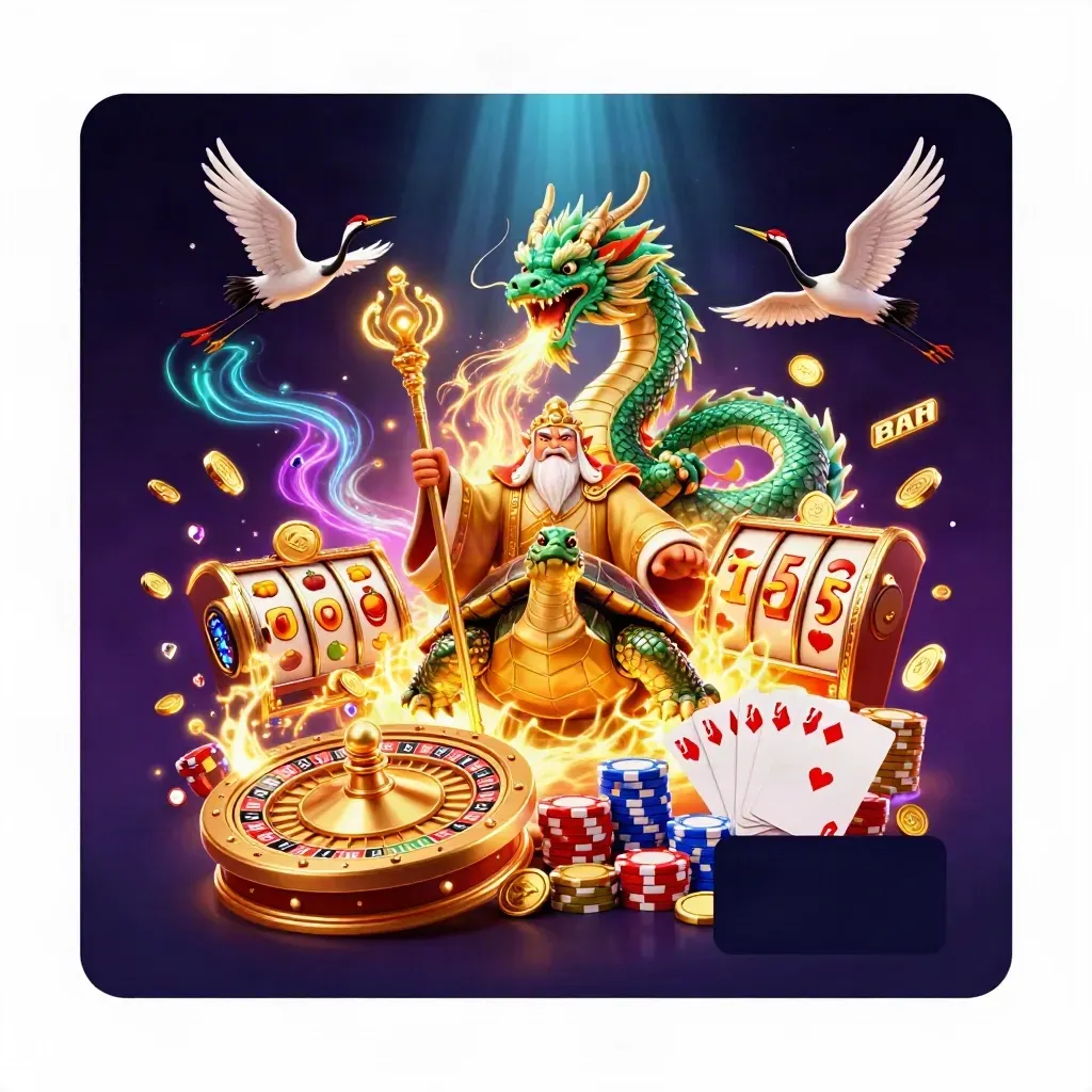 Jade dragon, turtle sage and cranes amid casino treasure, gold fire and neon light