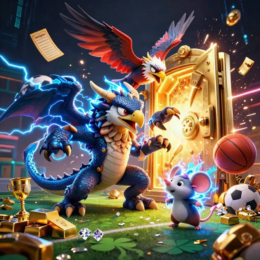 Thunder dragon, hawk and mouse amid gold vault burst, sports balls, lightning and casino riches.