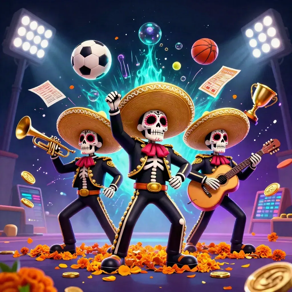 Skeleton mariachi trio amid flying sports balls, gold coins, and neon casino lights.