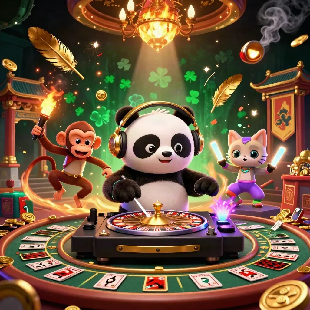 DJ panda, breakdancing monkey, and glow-stick kitten in a luxe casino-jungle rave