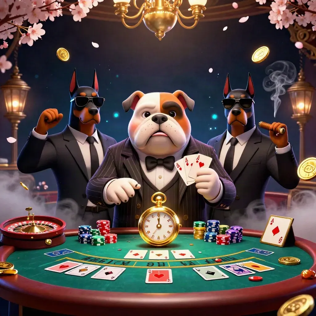 Bulldog boss with two Dobermans at a glowing casino table amid chips, cards, smoke and gold light.