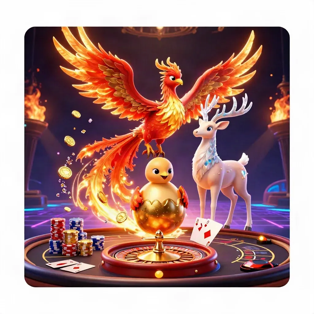 Phoenix, stag, and hatchling amid casino gold, gems, roulette, and chandelier smoke.