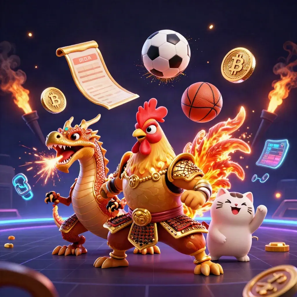 Rooster warrior, dragon hatchling and fortune cat amid neon coins, balls, sparks and casino light.