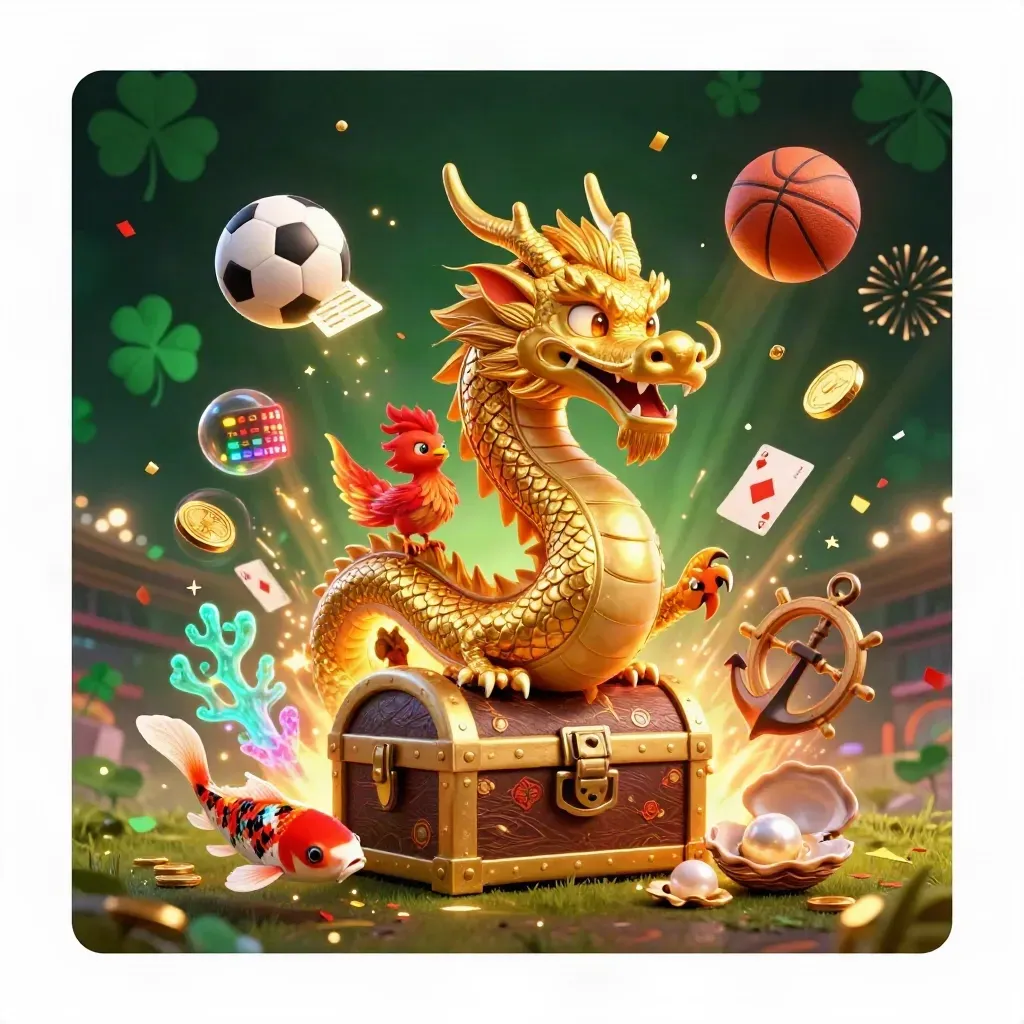 Golden dragon, phoenix, koi, sports balls, coins, and casino magic in a dark emerald glow.