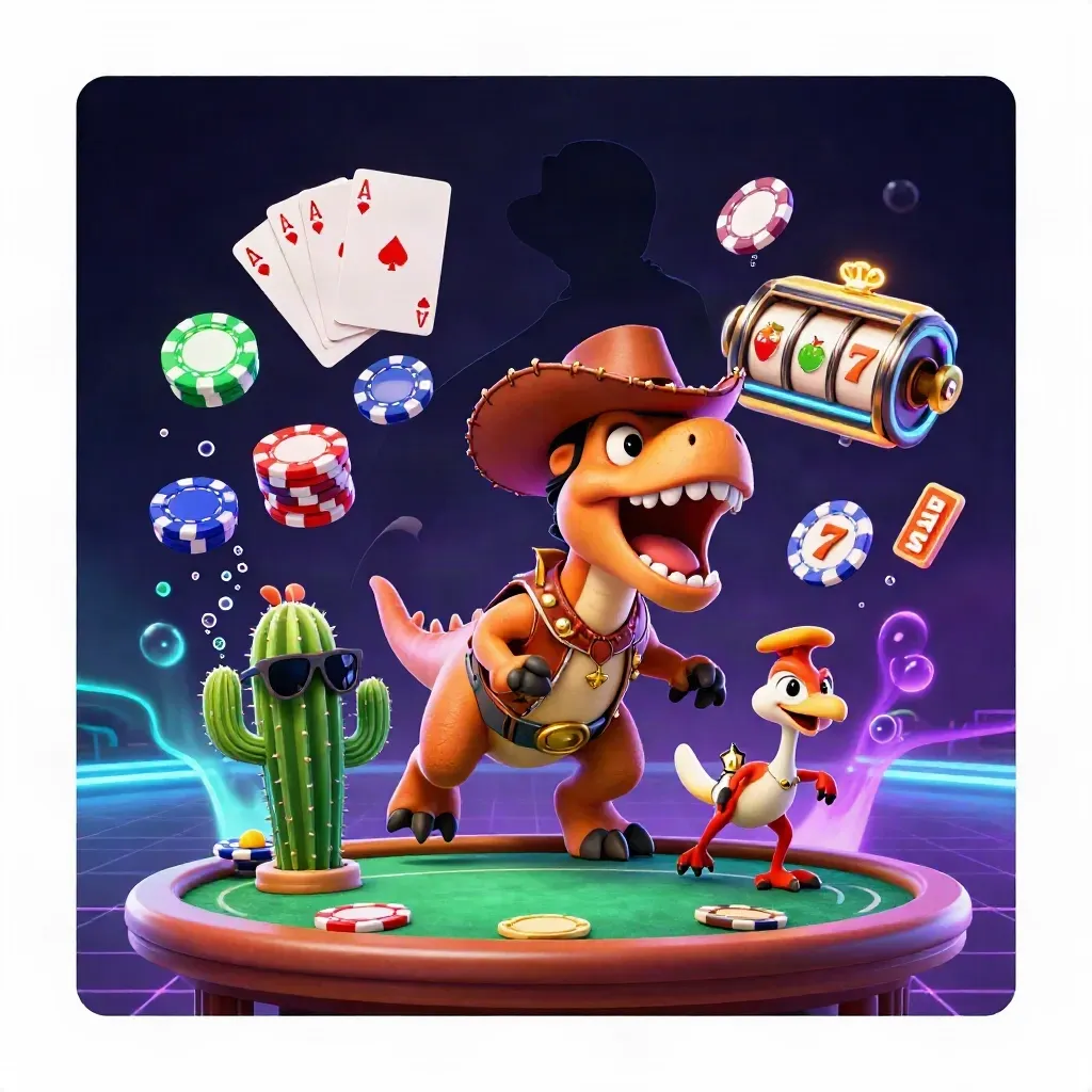 Cowboy T-Rex, cactus sidekick, and roadrunner burst through neon casino treasure and poker chips.