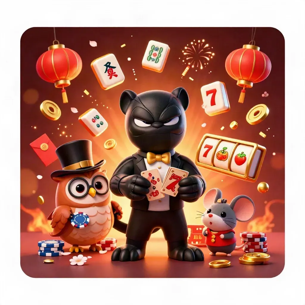 Panther, owl and mouse casino heroes amid chips, lanterns, coins and fiery gold bursts