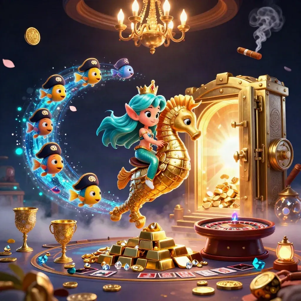 Mermaid princess on a gold seahorse amid vault light, treasure, and casino magic.