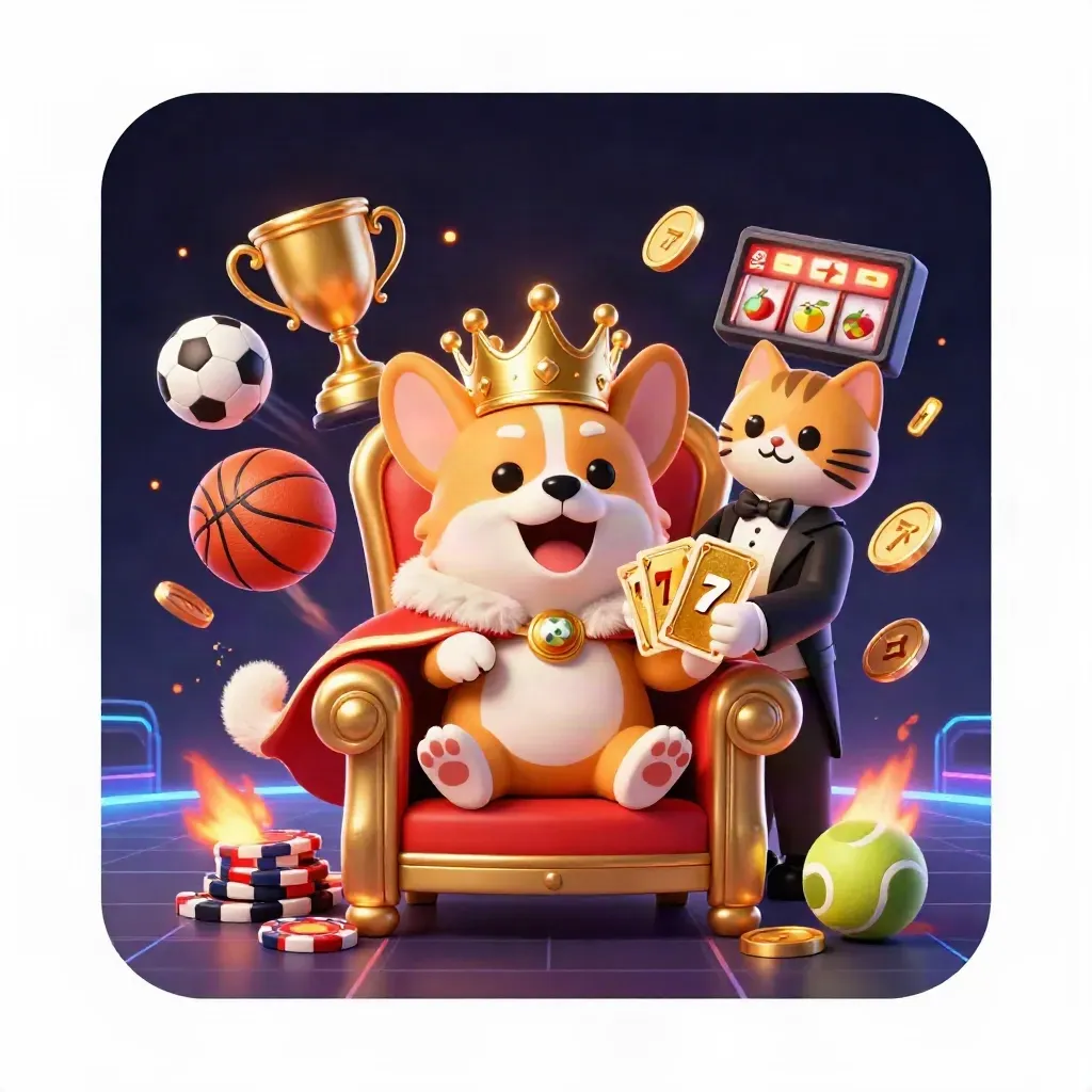 Royal corgi king and cat butler amid flying sports balls, coins, reels and neon casino fire.