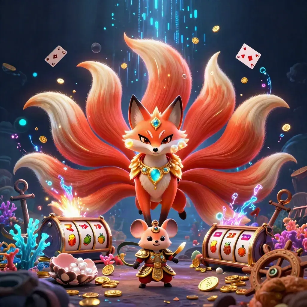 Nine-tailed fox spirit and samurai mouse amid treasure, coral, coins, and neon casino magic.