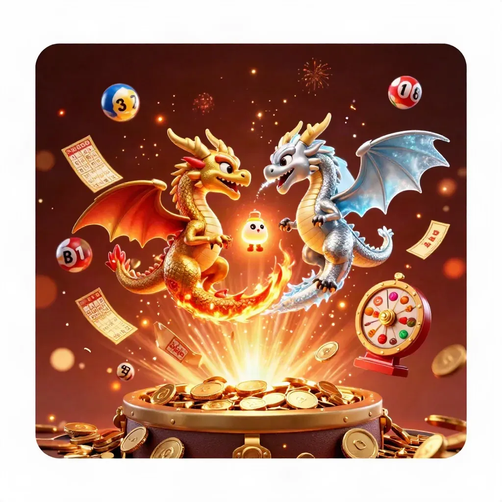 Gold and silver dragons spiral through casino treasure, reels, balls, tickets and fireworks.