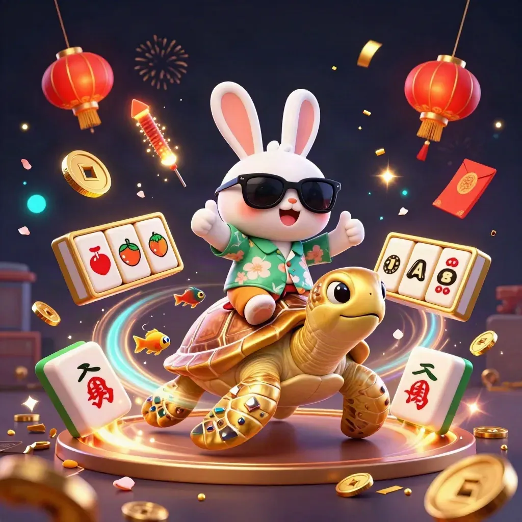 Cartoon rabbit rides a gold turtle amid coins, fireworks, lanterns, and casino symbols.