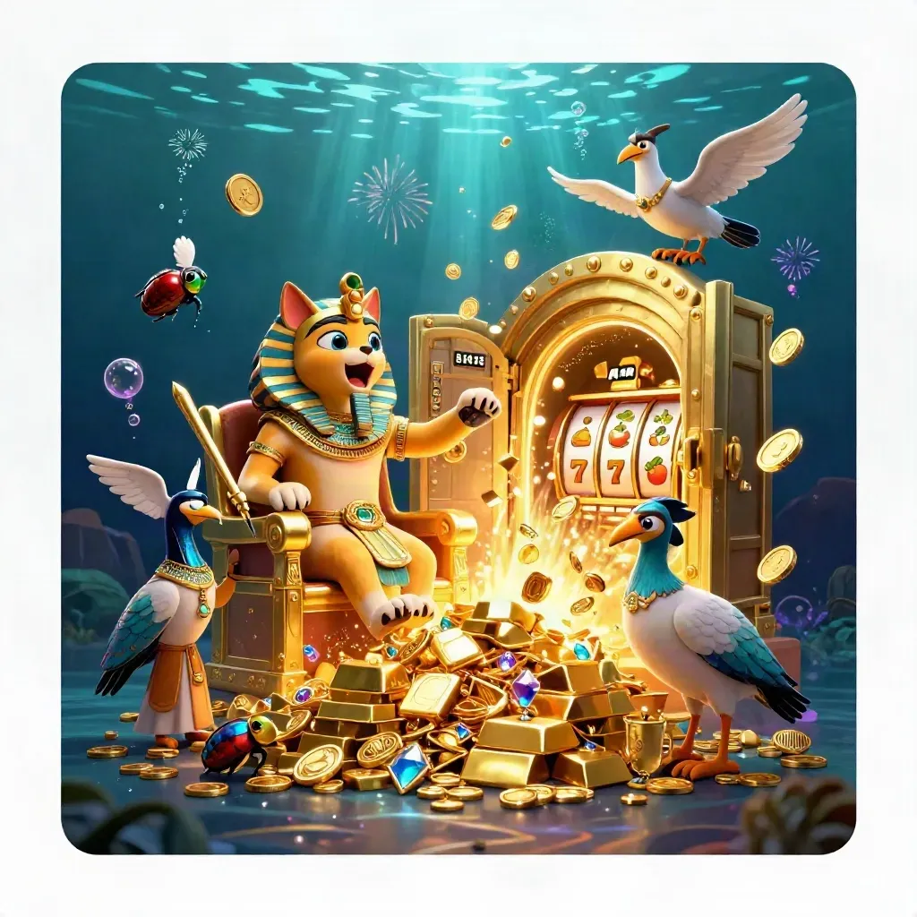 Pharaoh cat, ibis scribe and scarab gems amid vault gold, reels, bubbles, and fireworks.