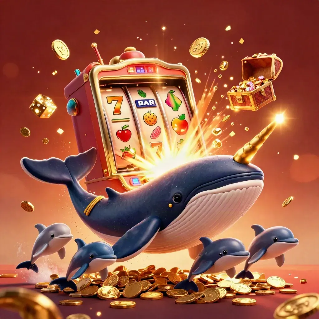 Whale captain, narwhal, and dolphins burst through coins with gold, gems, and casino energy.