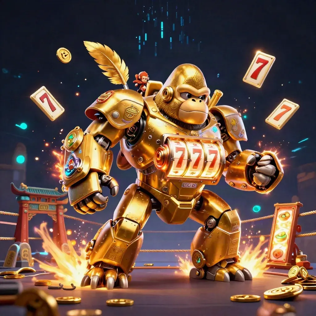Golden gorilla mech with tiny monkey pilot, exploding gold, cyan energy, temple gate and casino icons