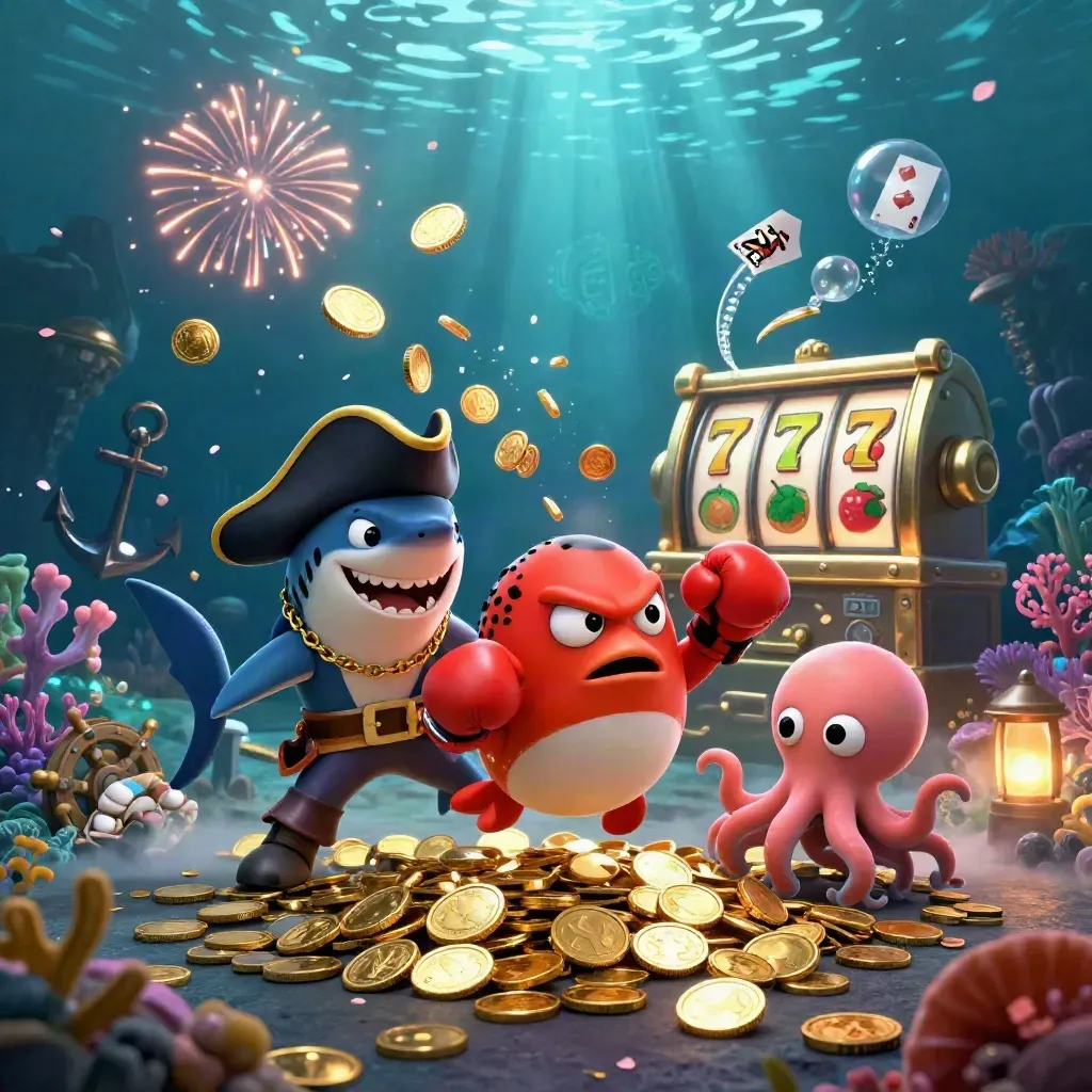 Pirate shark, boxing pufferfish, and coin-juggling octopus amid underwater treasure fireworks.