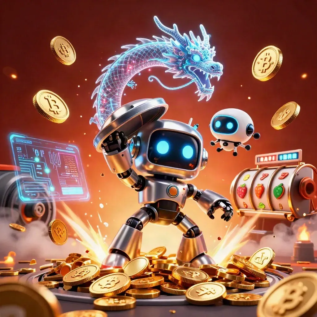 Robot, dragon and drone erupt from a vault with coins, fireworks, slots and crypto glow.