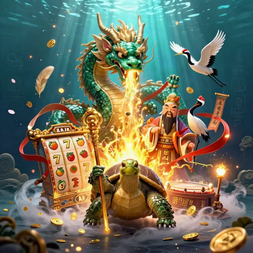 Emerald dragon, turtle sage, and cranes amid gold fire, coins, temple gate, and slot symbols.