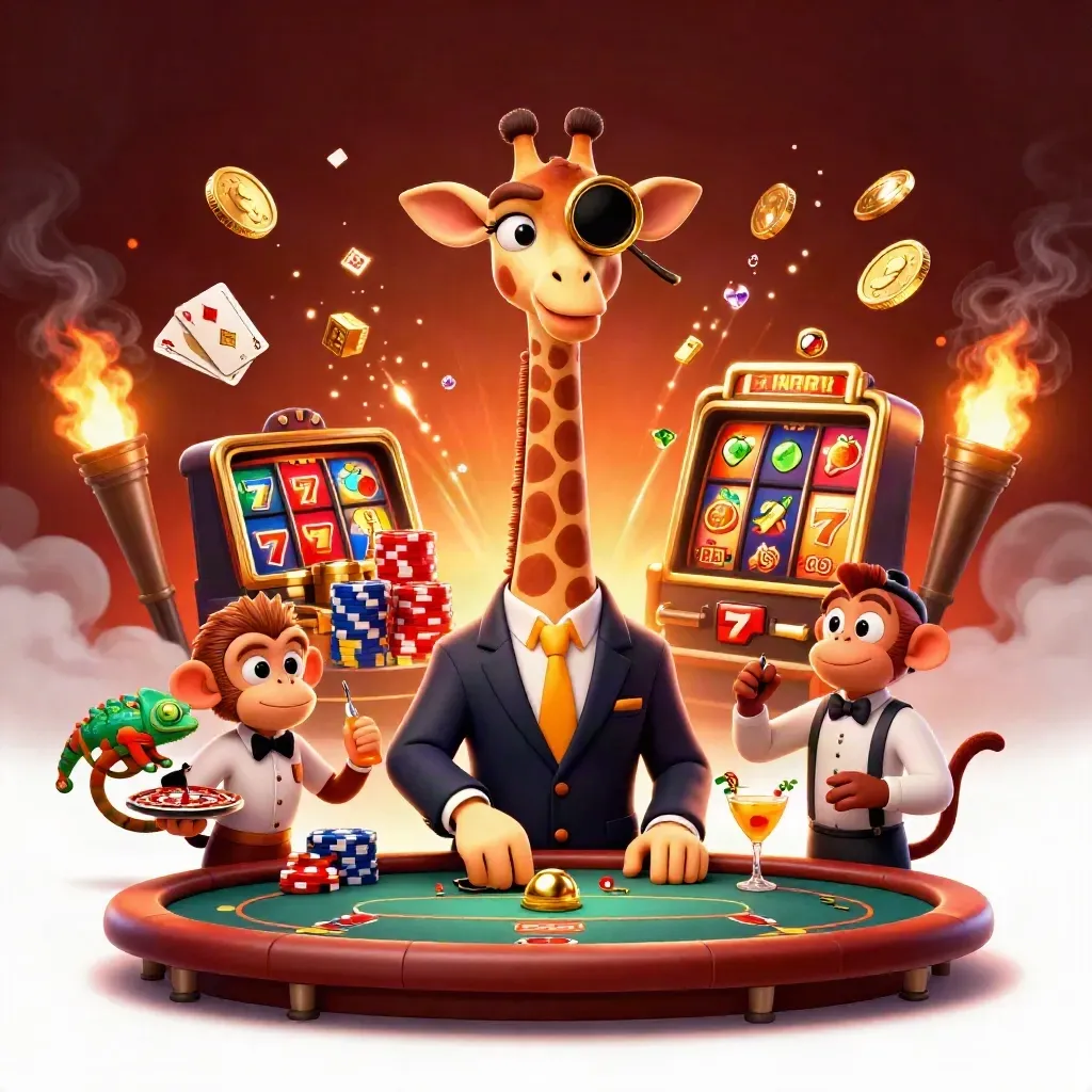 Giraffe, monkey, and chameleon at a glowing casino poker table with chips, coins, and roulette wheel.
