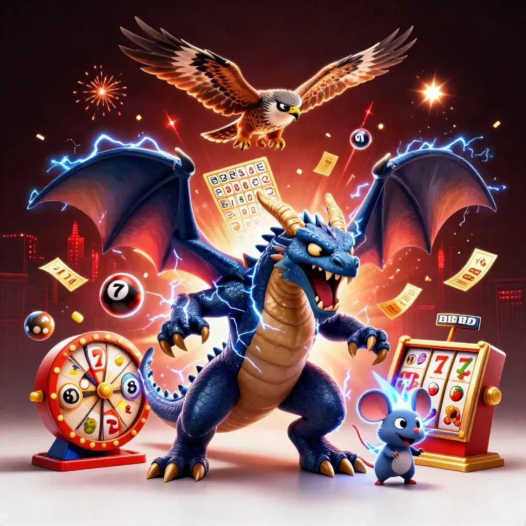 Thunder dragon, wind hawk and static mouse amid casino effects in dark neon red-blue.