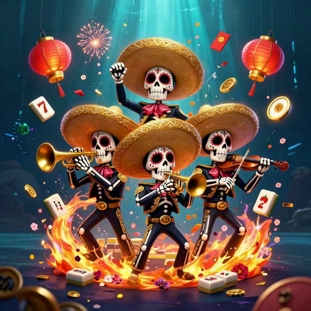 Skeleton mariachi trio amid casino symbols, gold petals, and neon lava energy