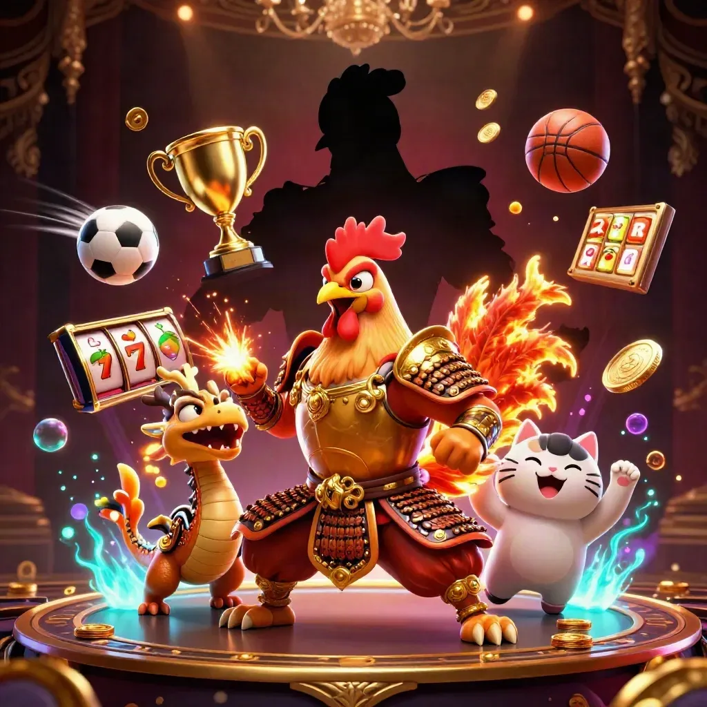 Rooster warrior, dragon hatchling and fortune cat amid casino balls, coins and glowing reels.