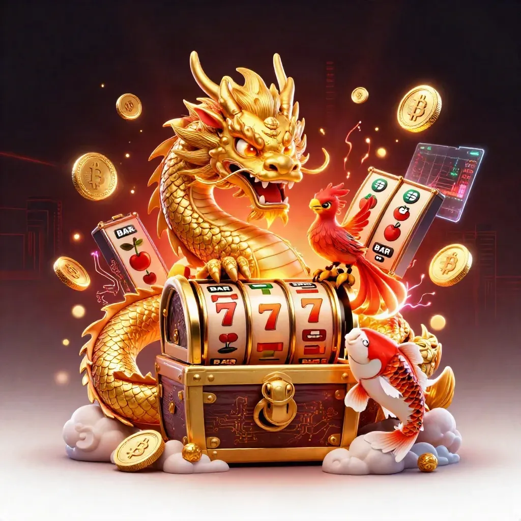 Golden dragon, phoenix, koi, and casino symbols in a dark regal neon splash scene.