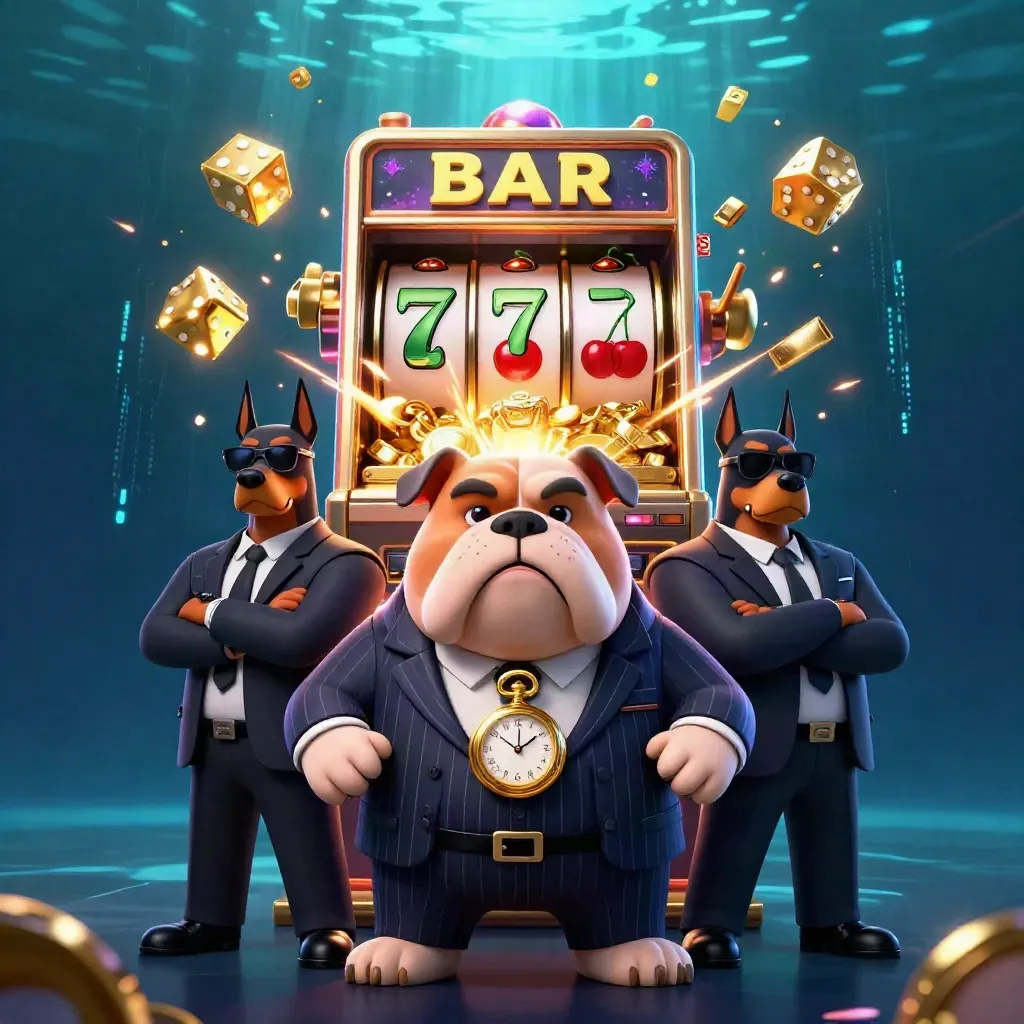 Cartoon bulldog boss with bodyguards amid bursting slot machine, gold, and neon sparks